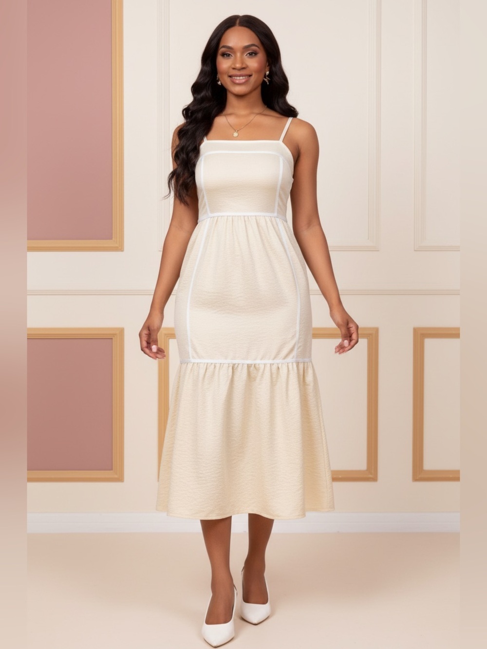 Cream Square Neck Tiered Midi Dress